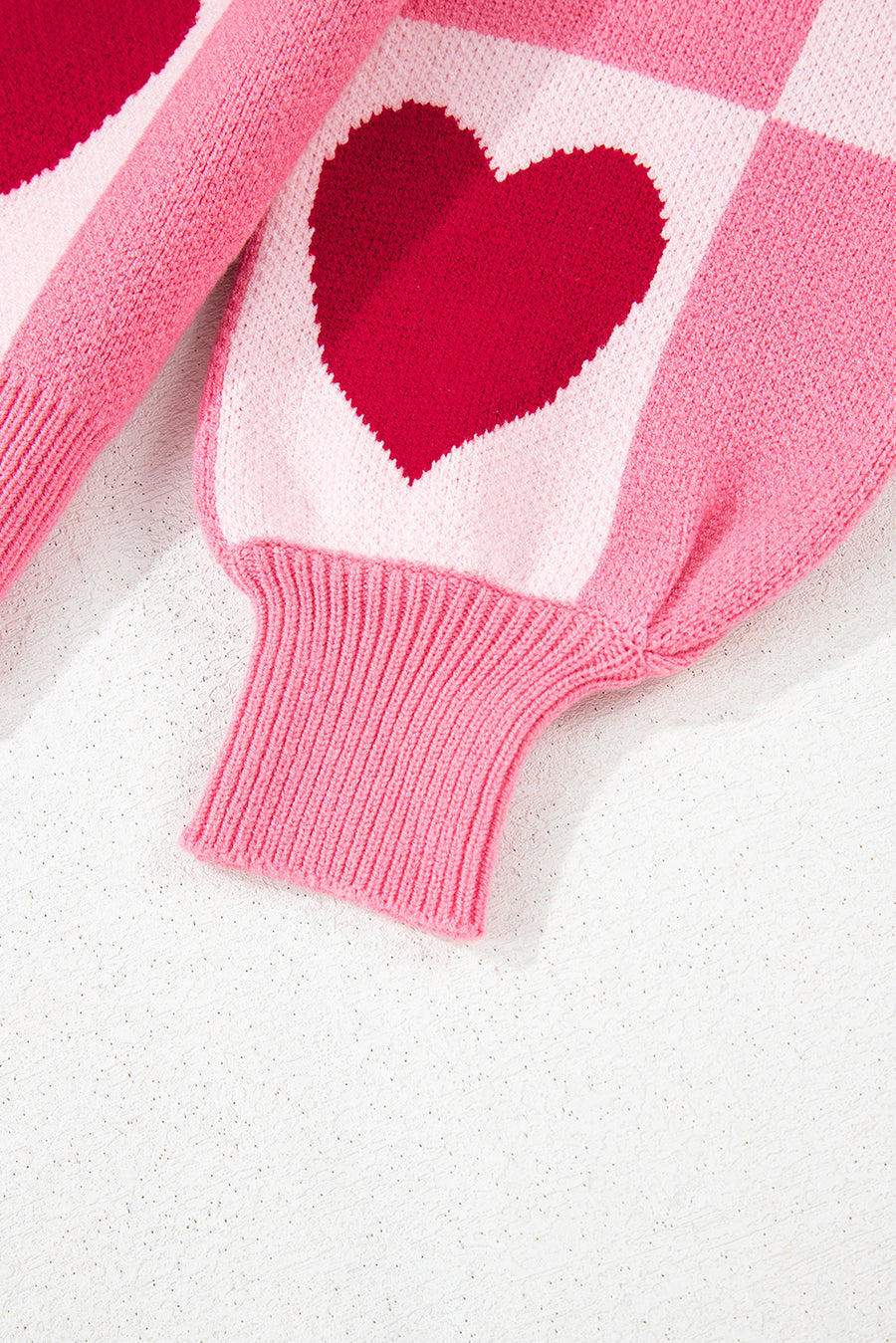 Pink Heart & Checkered Pattern Drop Shoulder Crew Neck Knit Sweater