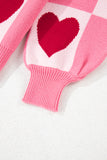 Pink Heart & Checkered Pattern Drop Shoulder Crew Neck Knit Sweater