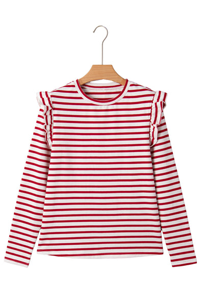 Red & White Striped Ruffle Shoulder Long Sleeve Top