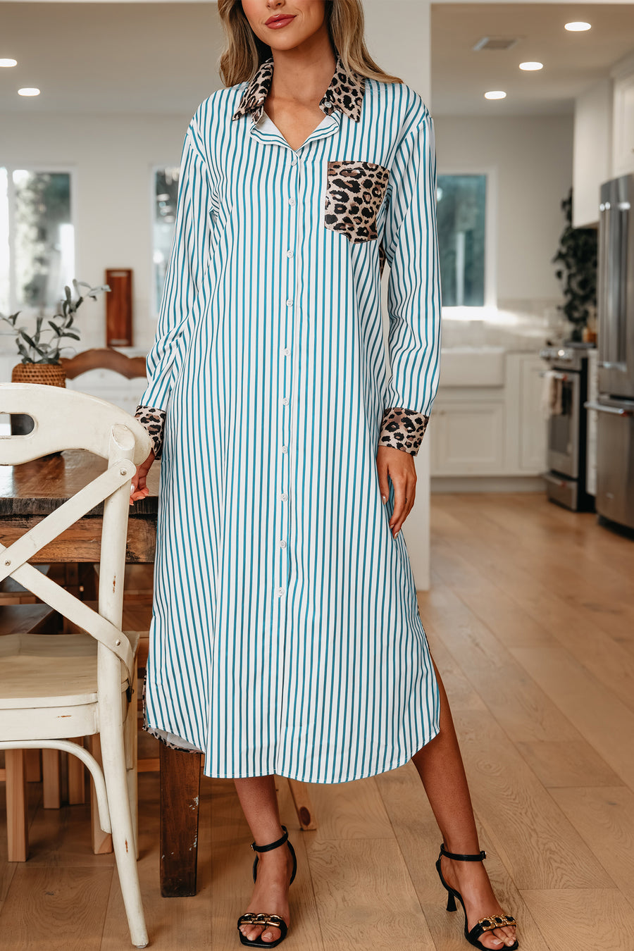 Striped Contrast Trim Leopard Patchwork Long Sleeve Midi Shirt Dress- 2 Colors