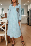 Striped Contrast Trim Leopard Patchwork Long Sleeve Midi Shirt Dress- 2 Colors