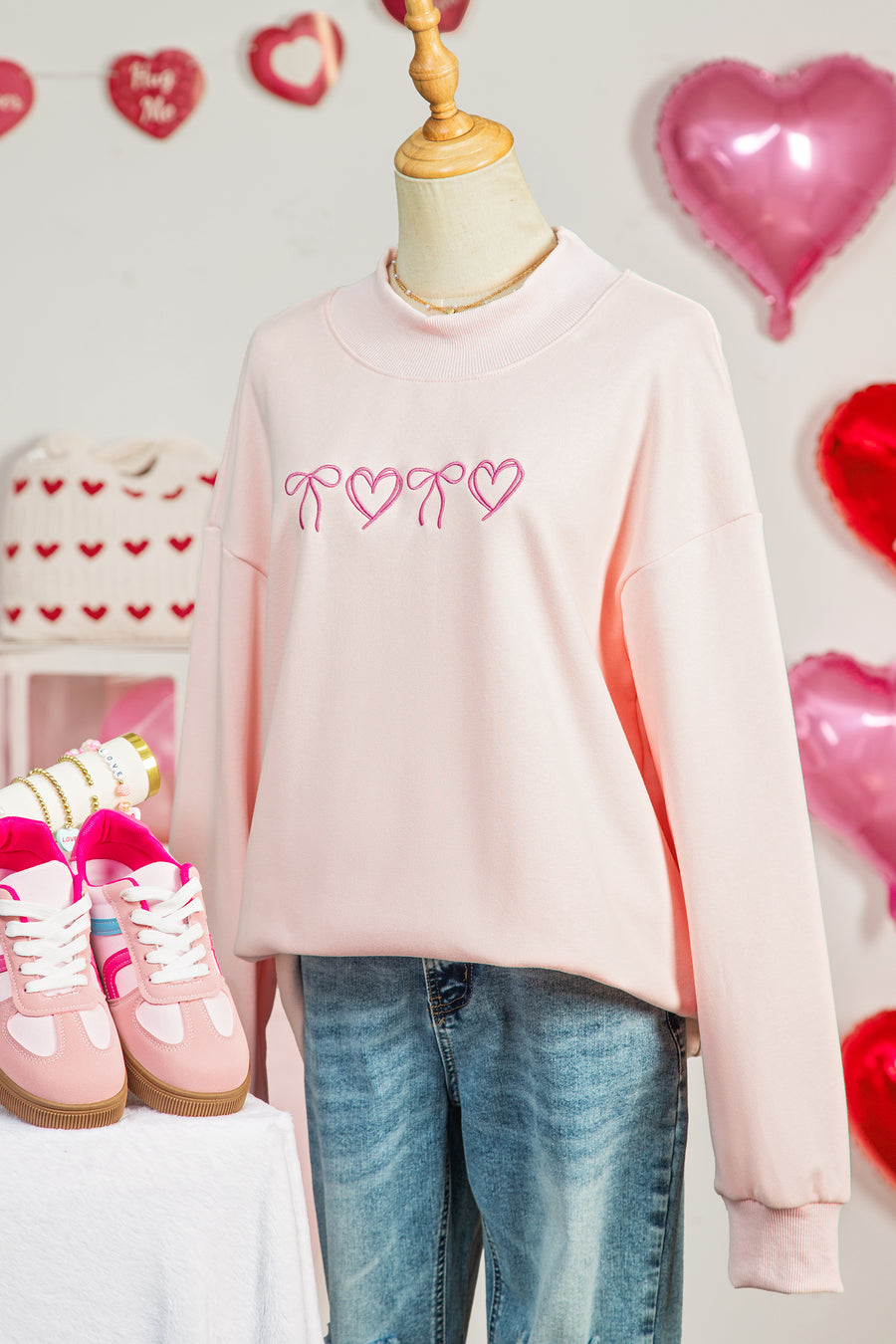 Apricot Pink Bow Heart Embroidered Mock Neck Sweatshirt