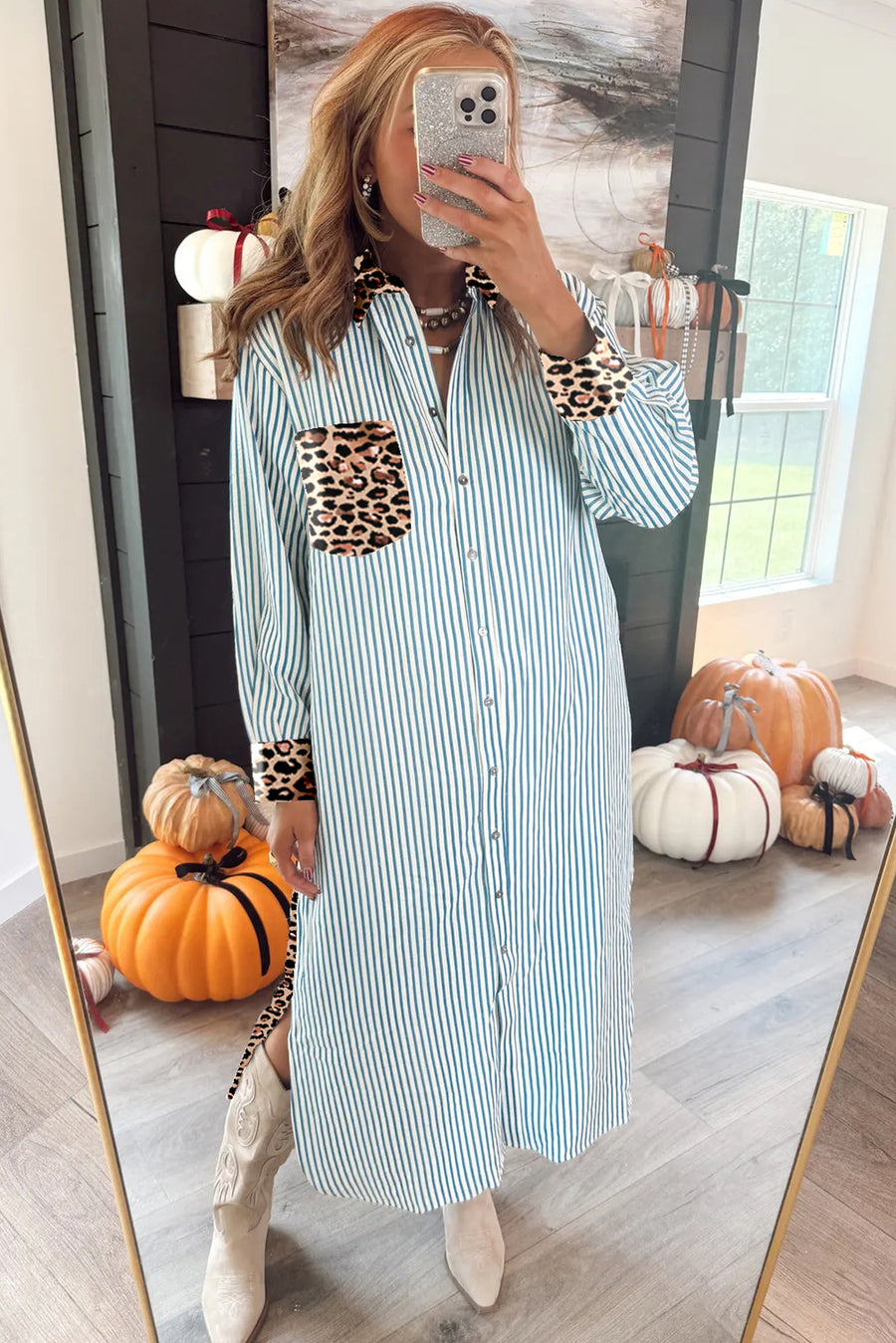 Striped Contrast Trim Leopard Patchwork Long Sleeve Midi Shirt Dress- 2 Colors