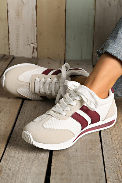 White Patchwork Breathable Lace Up Sneakers