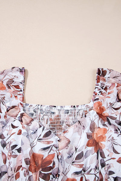 White Floral Print Sweetheart Neck High Waist Mini Dress