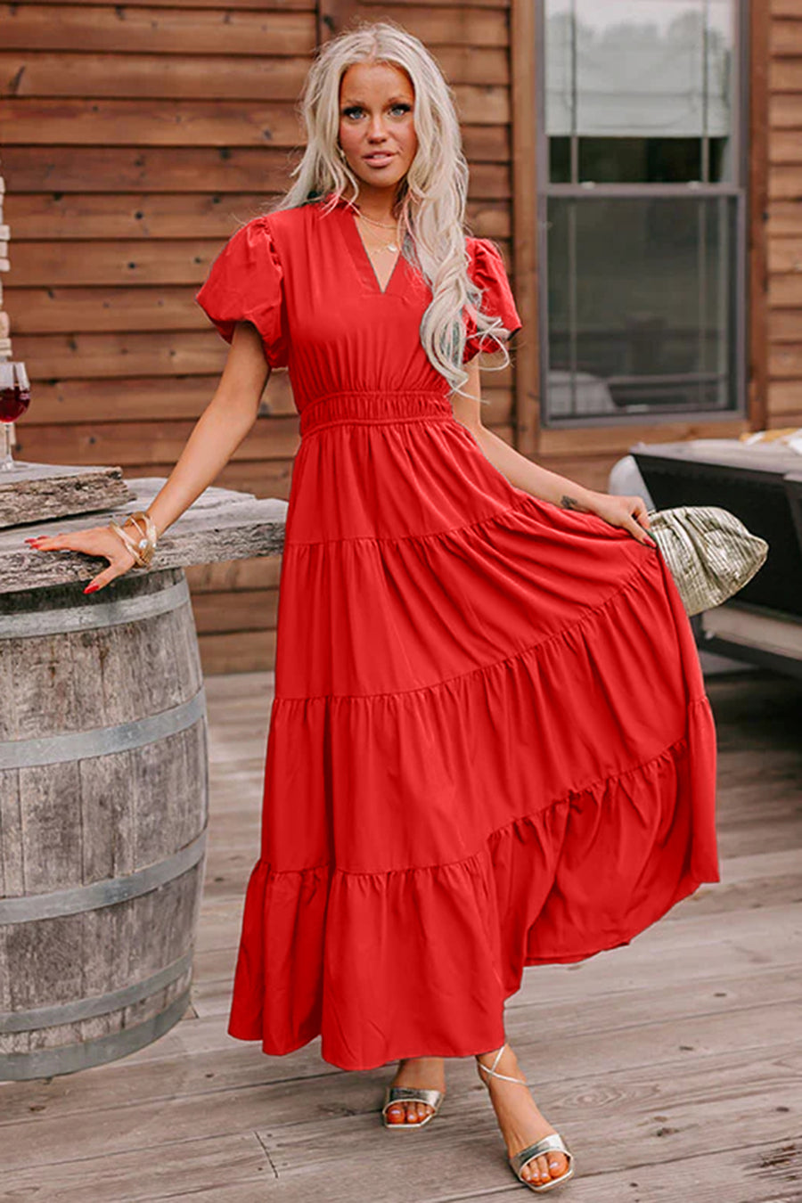 V-Neck Puff Sleeve High-Waist Tiered Maxi Dress- 3 Colors