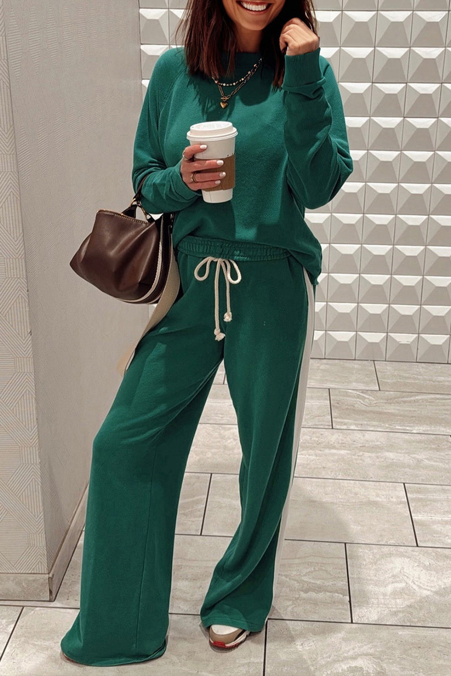 Green Varsity Striped Pullover Top & Loose Drawstring Pants Set