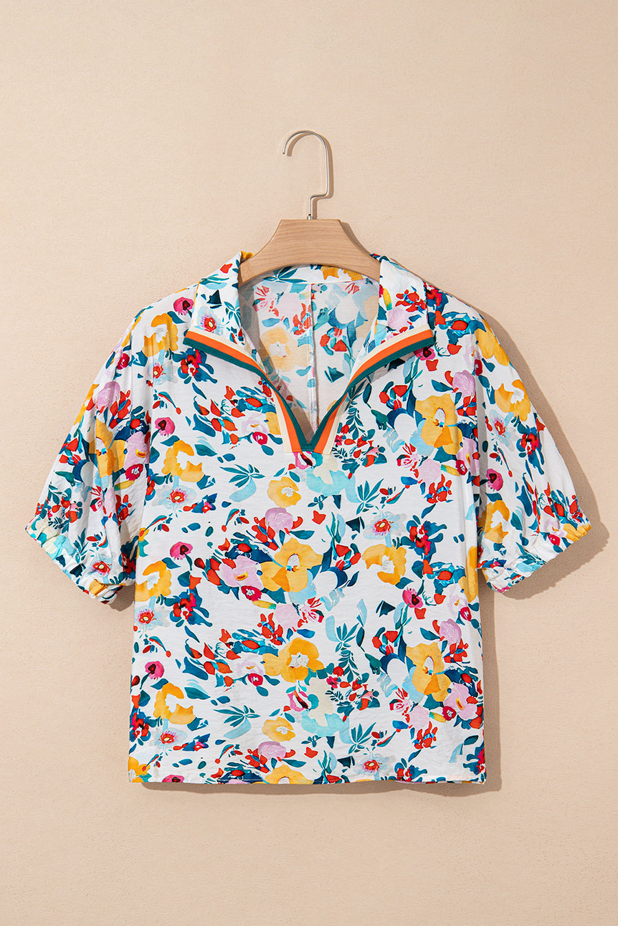 Floral V-Neck Contrast Trim Short Sleeve Blouse- 2 Colors