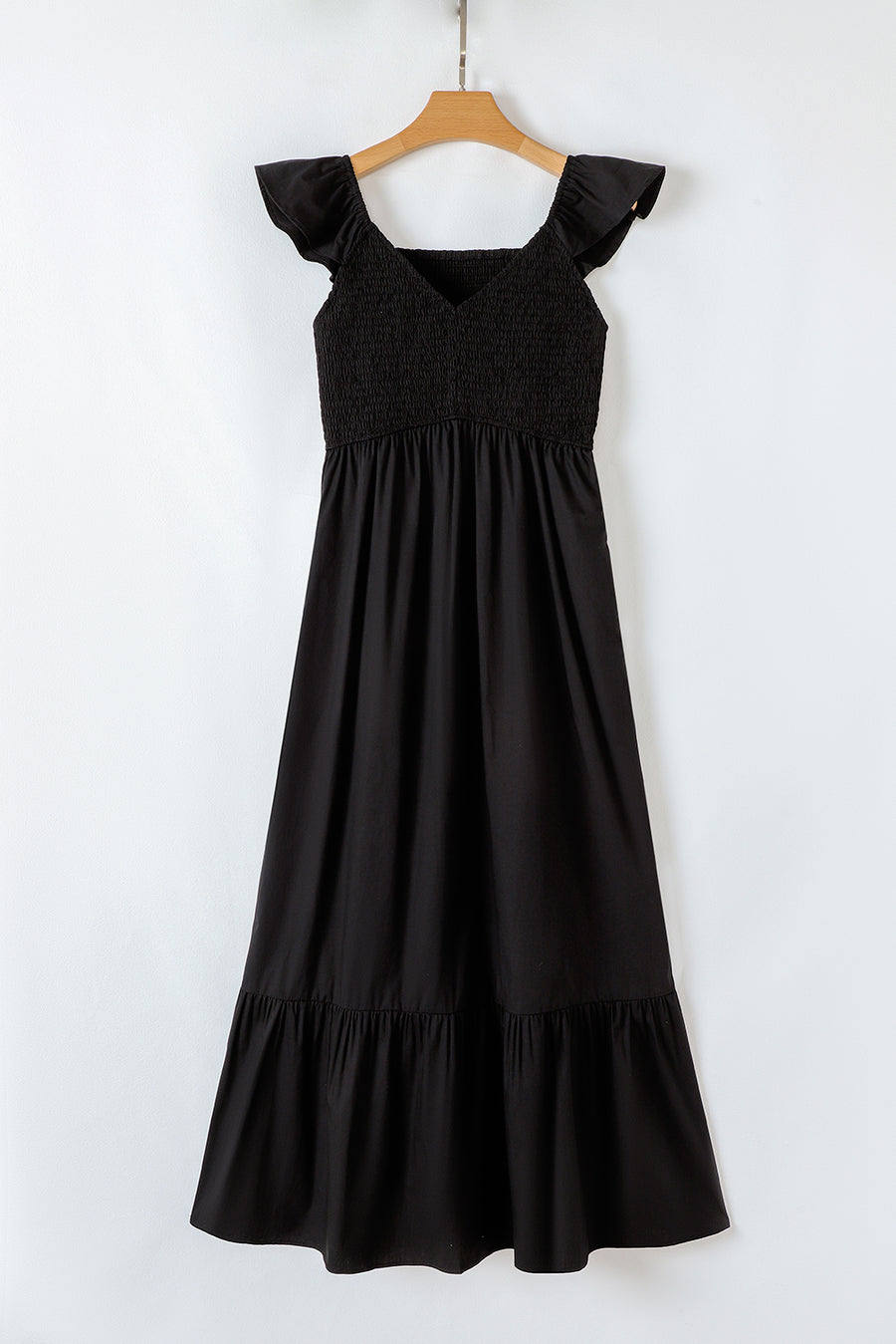 V-Neck Flutter Sleeve Smocked Bodice High Waist Ruffle Maxi Dress with Pockets- 2 Colors