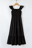 V-Neck Flutter Sleeve Smocked Bodice High Waist Ruffle Maxi Dress with Pockets- 2 Colors