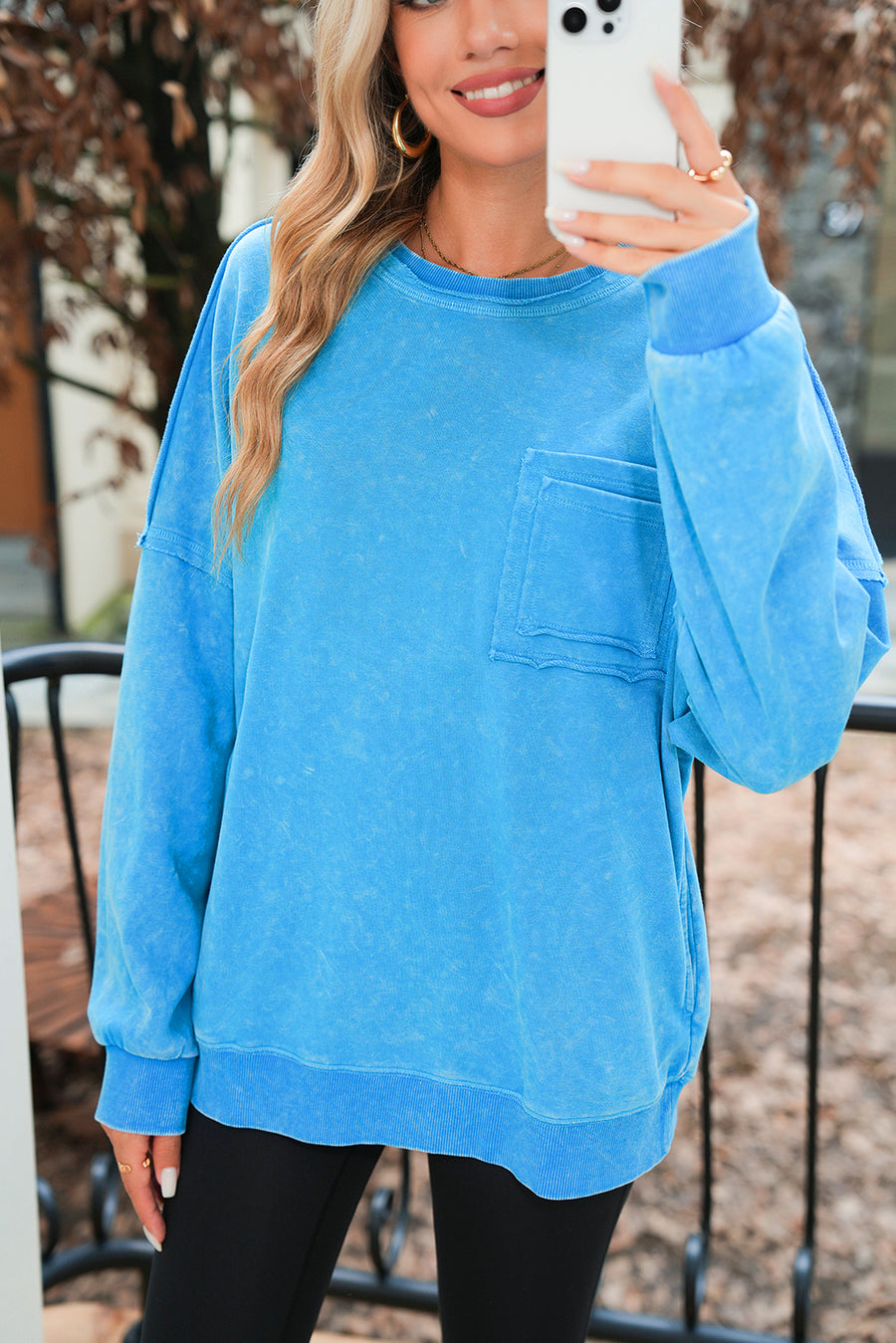 Turquoise Acid Washed Sweatshirt with Pockets