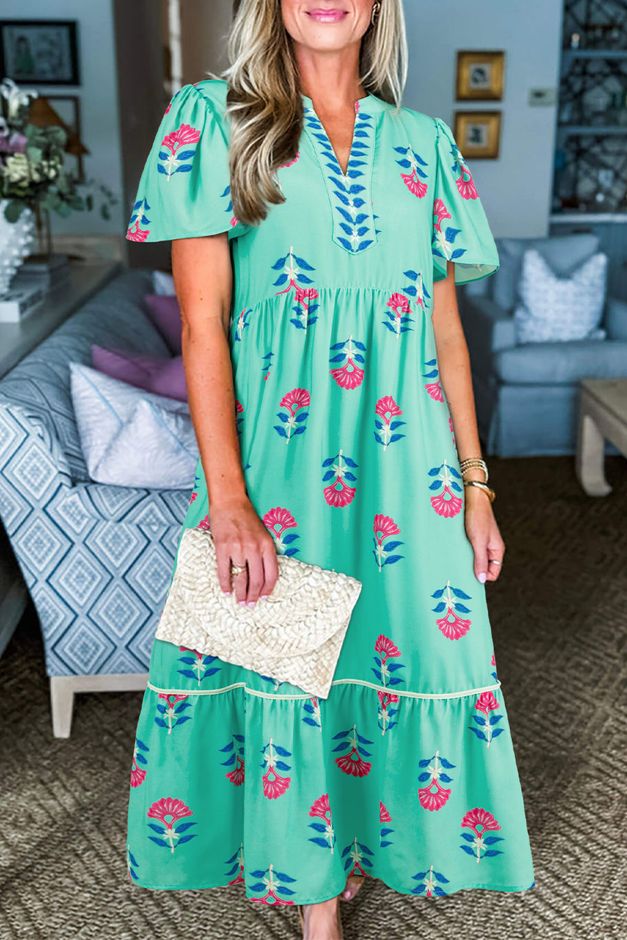 Blue Floral Print Notched Neck Flounce Sleeve Maxi Dress with Pockets- 2 Colors