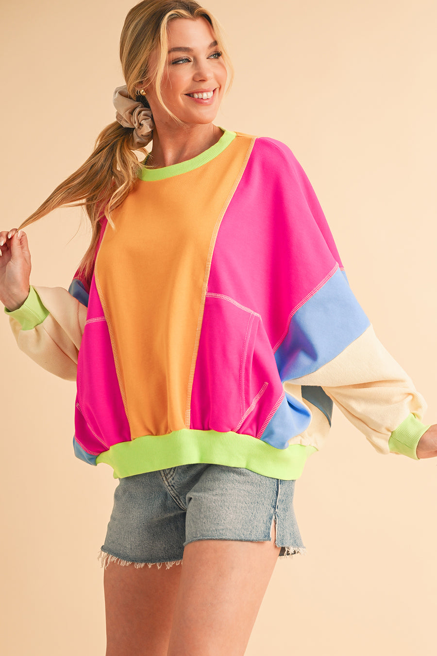 Color Block Patchwork Drop Shoulder Sweatshirt with Pockets- 2 Colors