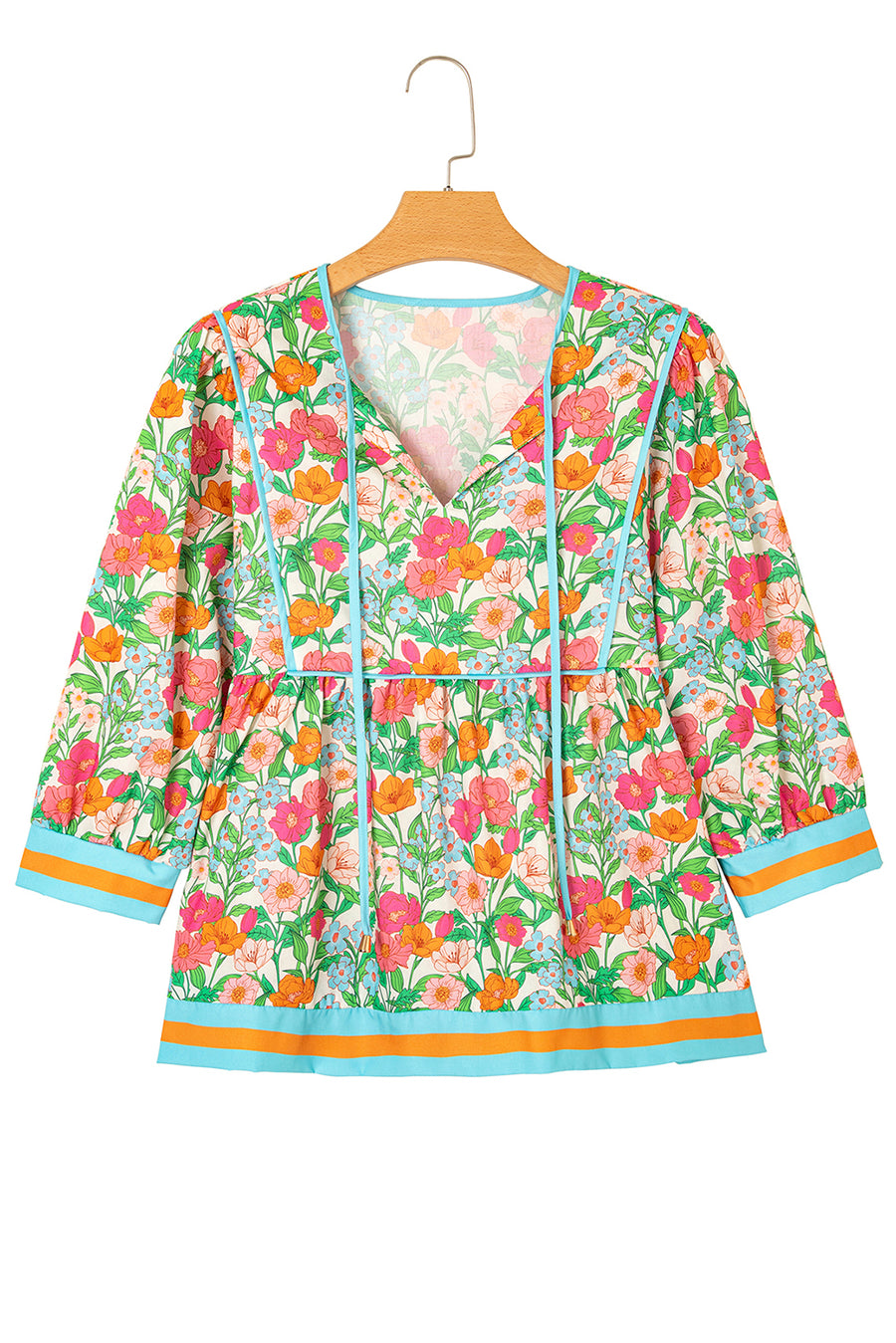 Green Floral Striped Trim Lantern Sleeve Tie Neck Blouse