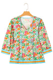 Green Floral Striped Trim Lantern Sleeve Tie Neck Blouse