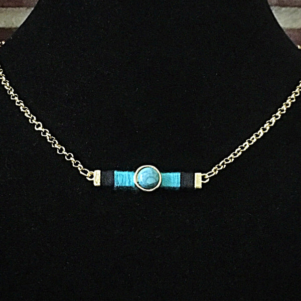 Gold Tone Bar & Stone Necklace Set- Black & Turquoise