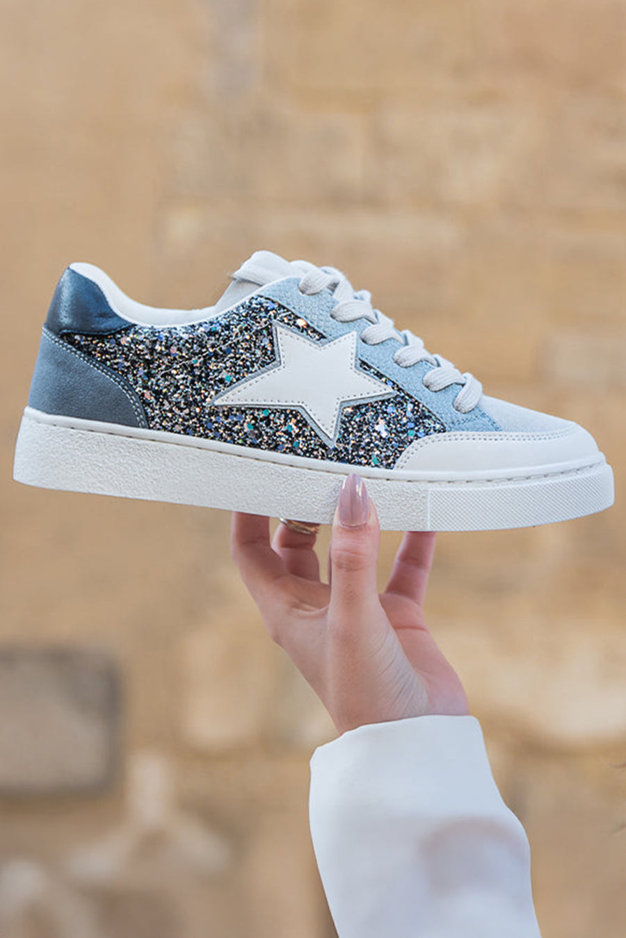 Glitter & Star Patchwork PU Leather Sneakers- Blue Multi