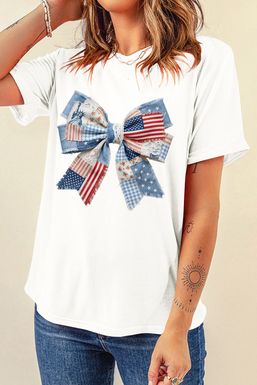 White Faux Patchwork American Bow Graphic T-Shirt