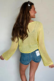 Yellow Cream Scalloped Trim Hollow Out Knit Long Sleeve Top