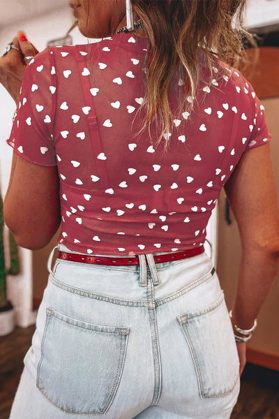 All OverHeart Print Mesh Short Sleeve Top- 2 Colors