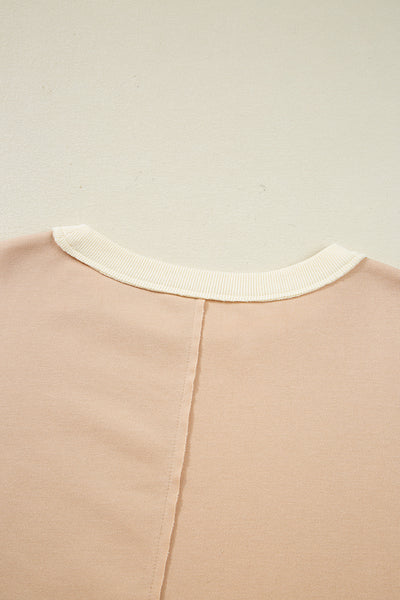 Light French Beige Waffle Textured Patchwork Pullover Sweatshirt