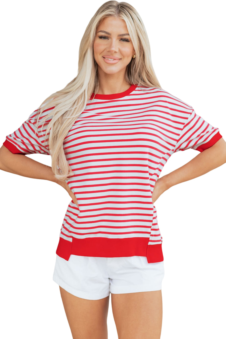 Red Striped Drop Shoulder Banded Short Sleeve T Shirt