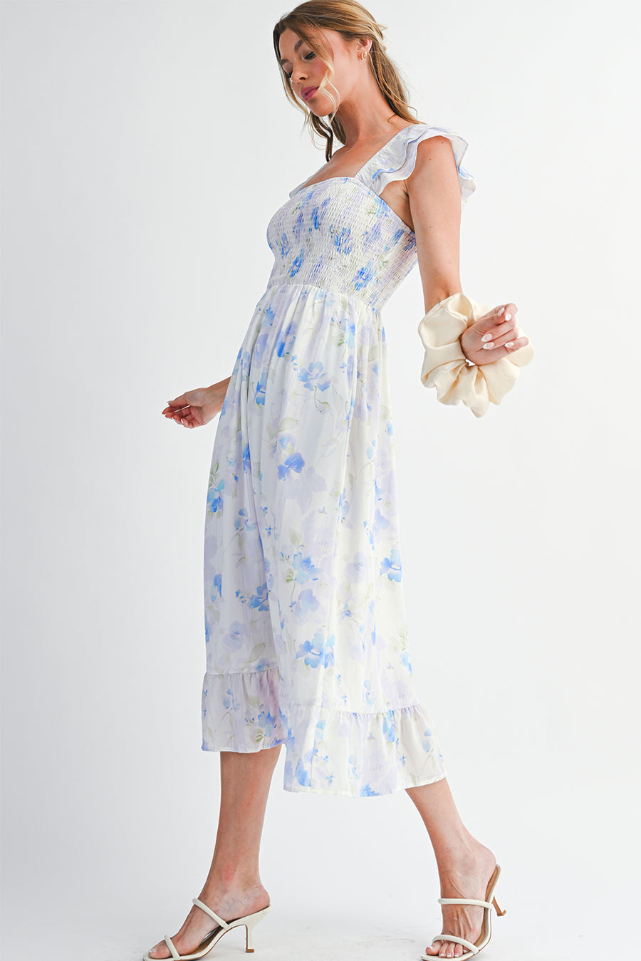 Blue Floral Smocked High Waist Ruffle Sleeveless Midi Dress