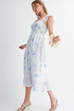 Blue Floral Smocked High Waist Ruffle Sleeveless Midi Dress