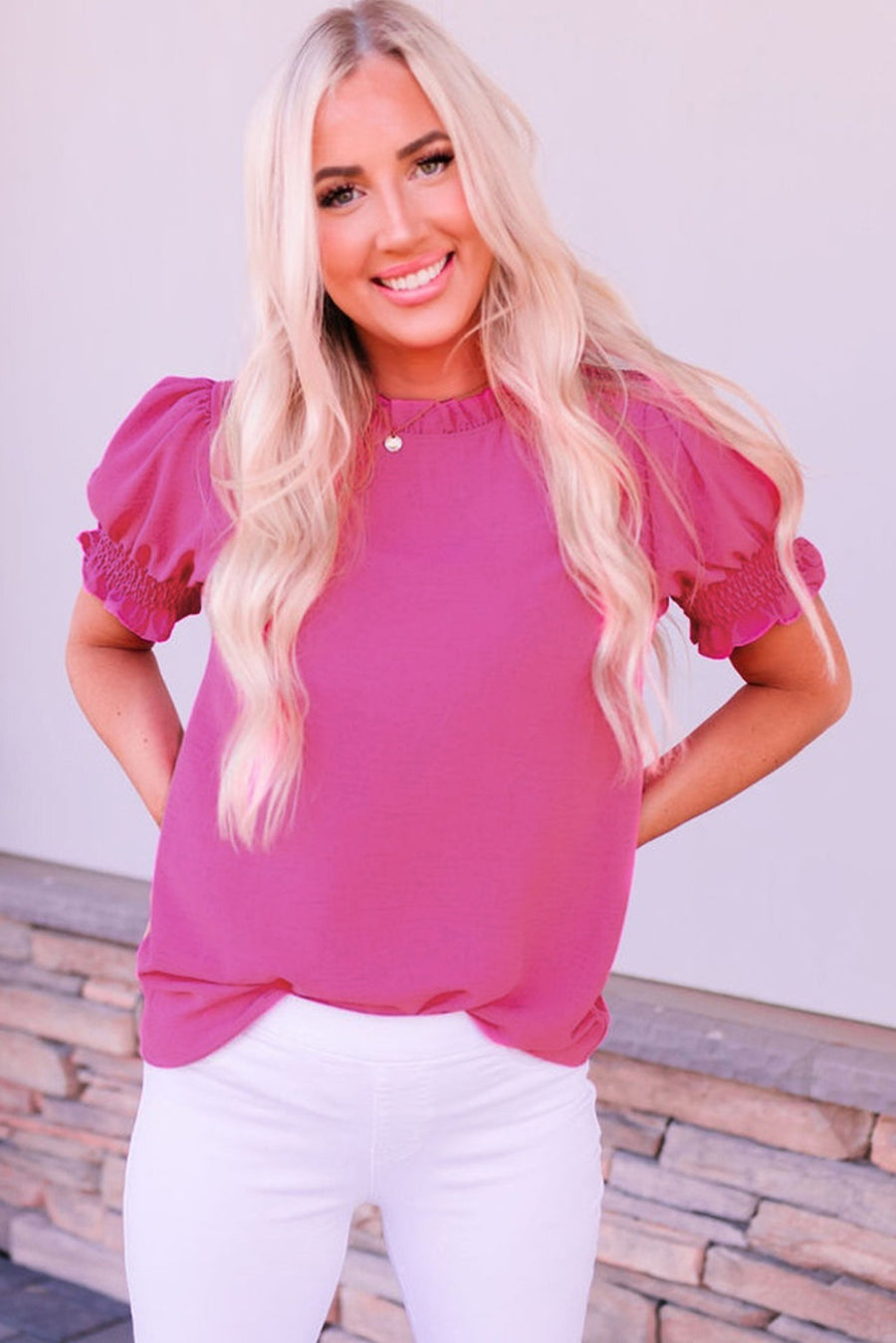 Hot Pink Smocked Short Puff Sleeve Blouse