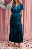 Velvet Puff Short Sleeve Smocked Waist Tiered Maxi Dress with Pockets- 3 Colors