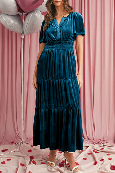 Velvet Puff Short Sleeve Smocked Waist Tiered Maxi Dress- 3 Colors