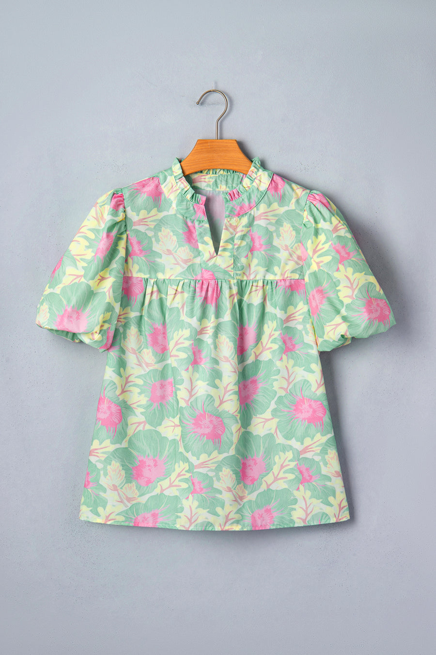 Short Bubble Sleeve Summer Floral Blouse A