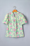 Short Bubble Sleeve Summer Floral Blouse A