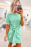 Striped Tie Front Contrast Trim Crew Neck T-Shirt Mini Dress- 3 Colors