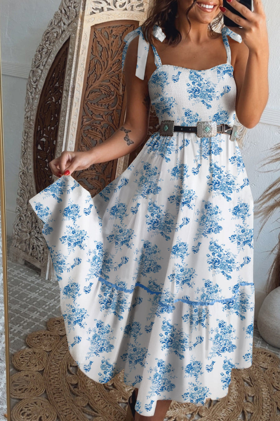Blue Multi and White Floral Print Smocked Tie Strap Sleeveless Midi Dress