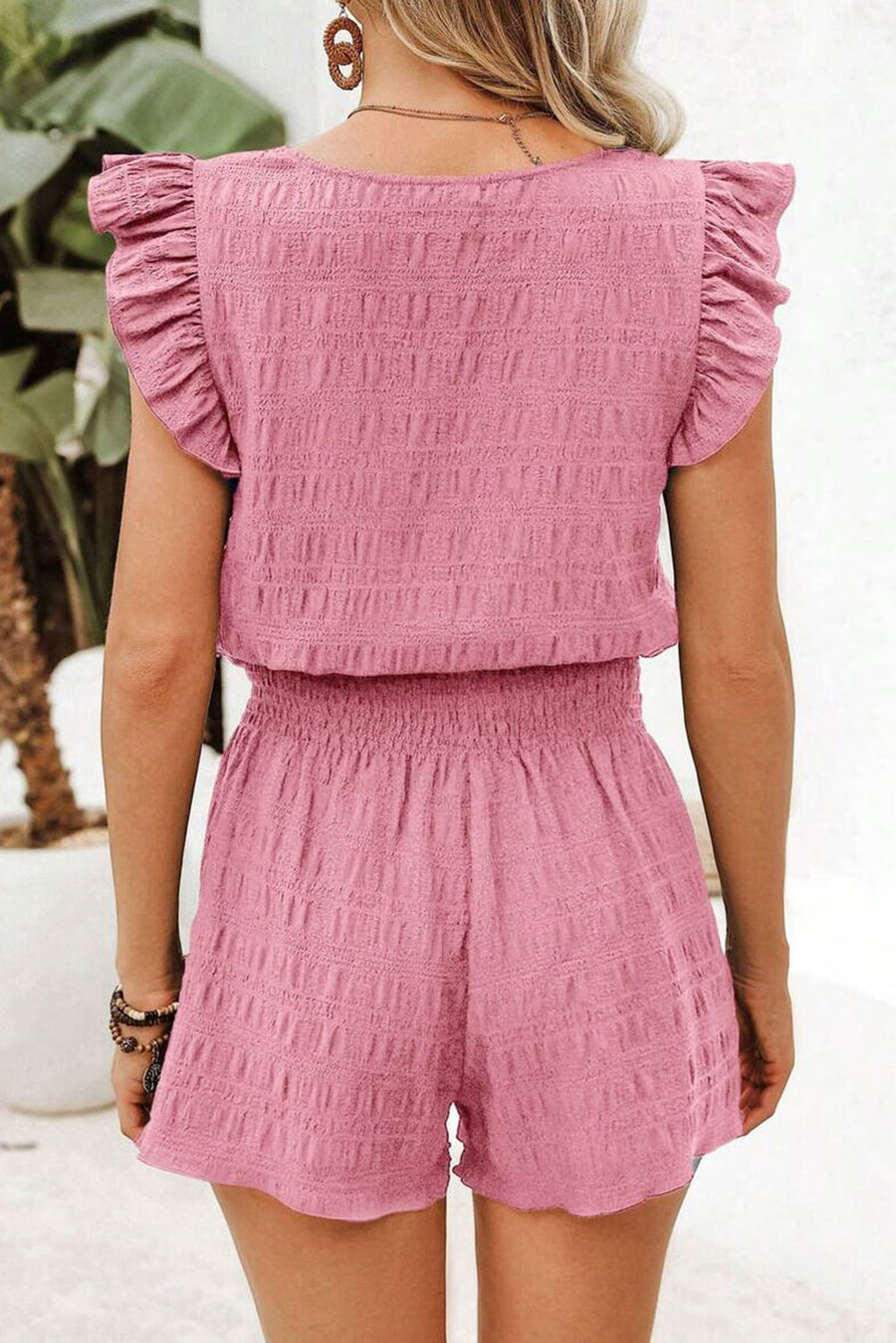 Textured Ruffle Blouse and Shirred High-Waist Shorts Set- 5 Colors