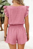 Textured Ruffle Blouse and Shirred High-Waist Shorts Set- 5 Colors
