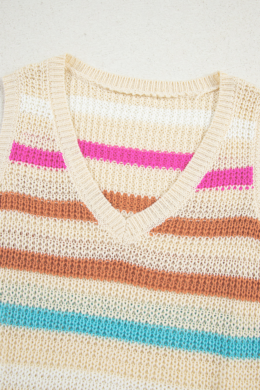 Khaki Striped V-Neck Textured Knit Vest