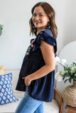 Navy Blue V-Neck Ruffled Sleeve Floral Embroidered Babydoll Blouse