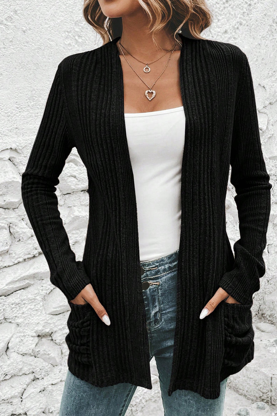 Stone Blue Ribbed Open Front Knitted Top with Pockets