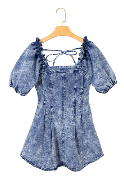 Blue Frill Square Neck Puff Sleeve Backless Denim Dress
