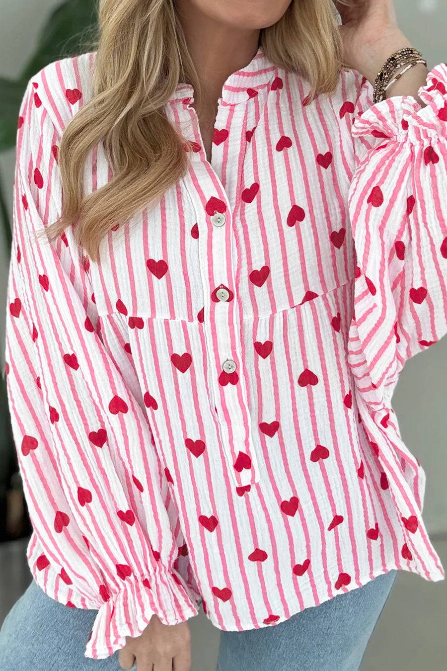 Pink Striped Textured Heart Print Long Flounce Sleeve Blouse