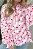 Pink Striped Textured Heart Print Long Flounce Sleeve Blouse