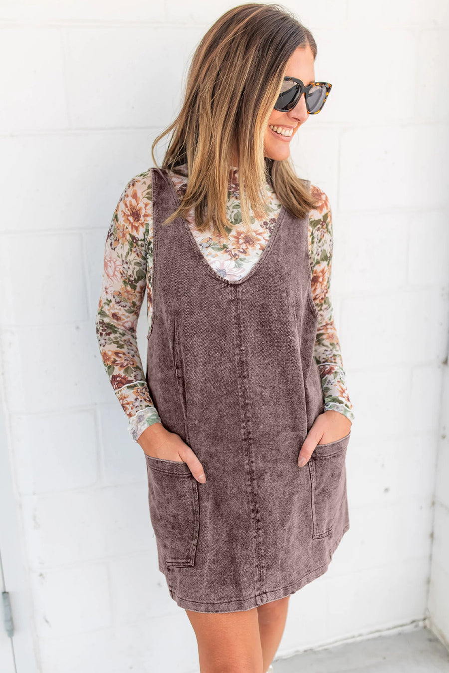 Dusty Cocoa Vintage Washed Denim Suspender Mini Dress with Pockets