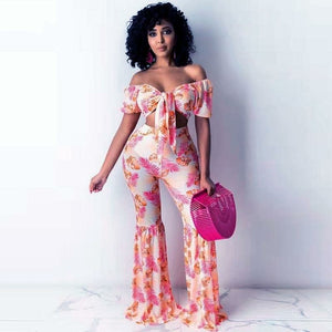 Women's Tropical Off-Shoulder Crop Top & Flare Pants Matching Set