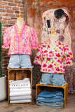 Pink Floral Frilled V-Neck Puff Short Sleeve Blouse
