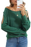 Green Boat Neck Cutout Long Sleeve Blouse with Button Detail Cuffs