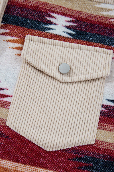 Multicolour Western Aztec Ribbed Patchwork Double Flap Pocket Raw Hem Shacket