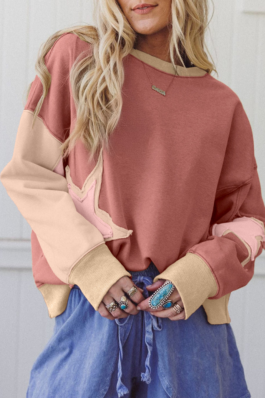 Star Patch Exposed Seam Uneven Hem Sweatshirt- 2 Colors