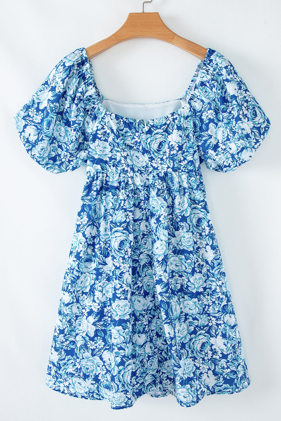 Blue Multi Floral Puff Sleeve Babydoll Mini Dress with Pockets